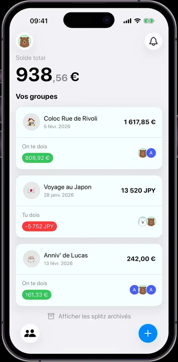 Écran d'accueil de l'application Splitz affichant les groupes de dépenses et les soldes